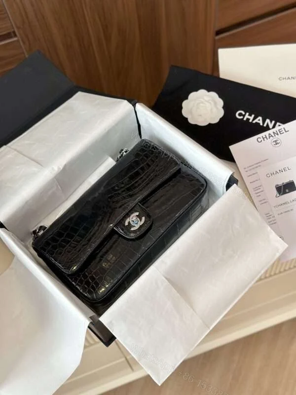 Chanel Classic Crocodile Skin Like Auth Black Full Box With Lock Silver 25cm — view 1