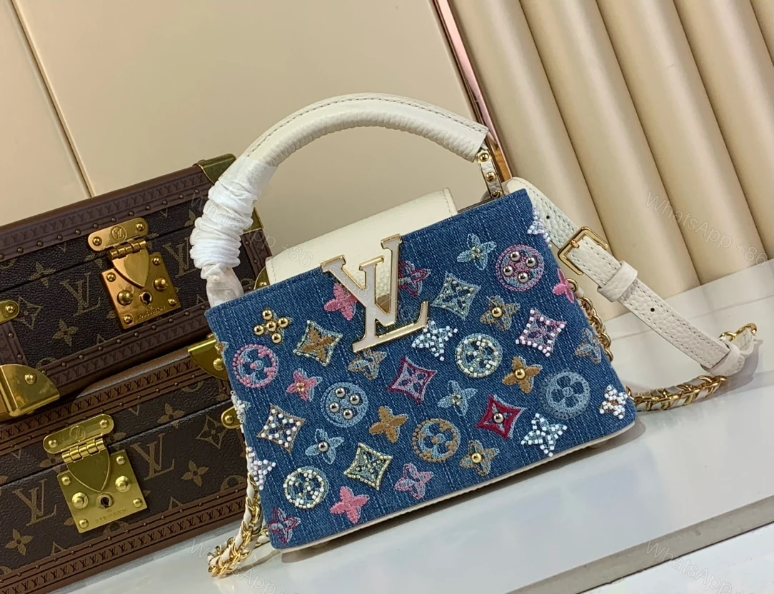 LV高仿牛仔刺繡手提包 多色Logo圖樣拼接金屬鏈帶輕奢新作 — view 1