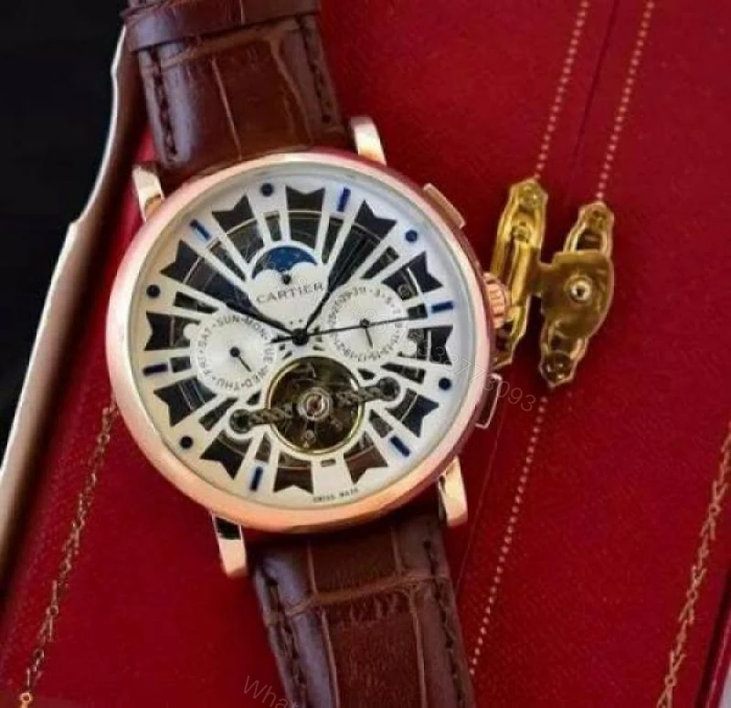First Copy Luxury Skeleton Roman Dial Moonphase Automatic Watch With Brown Leather Strap — view 1