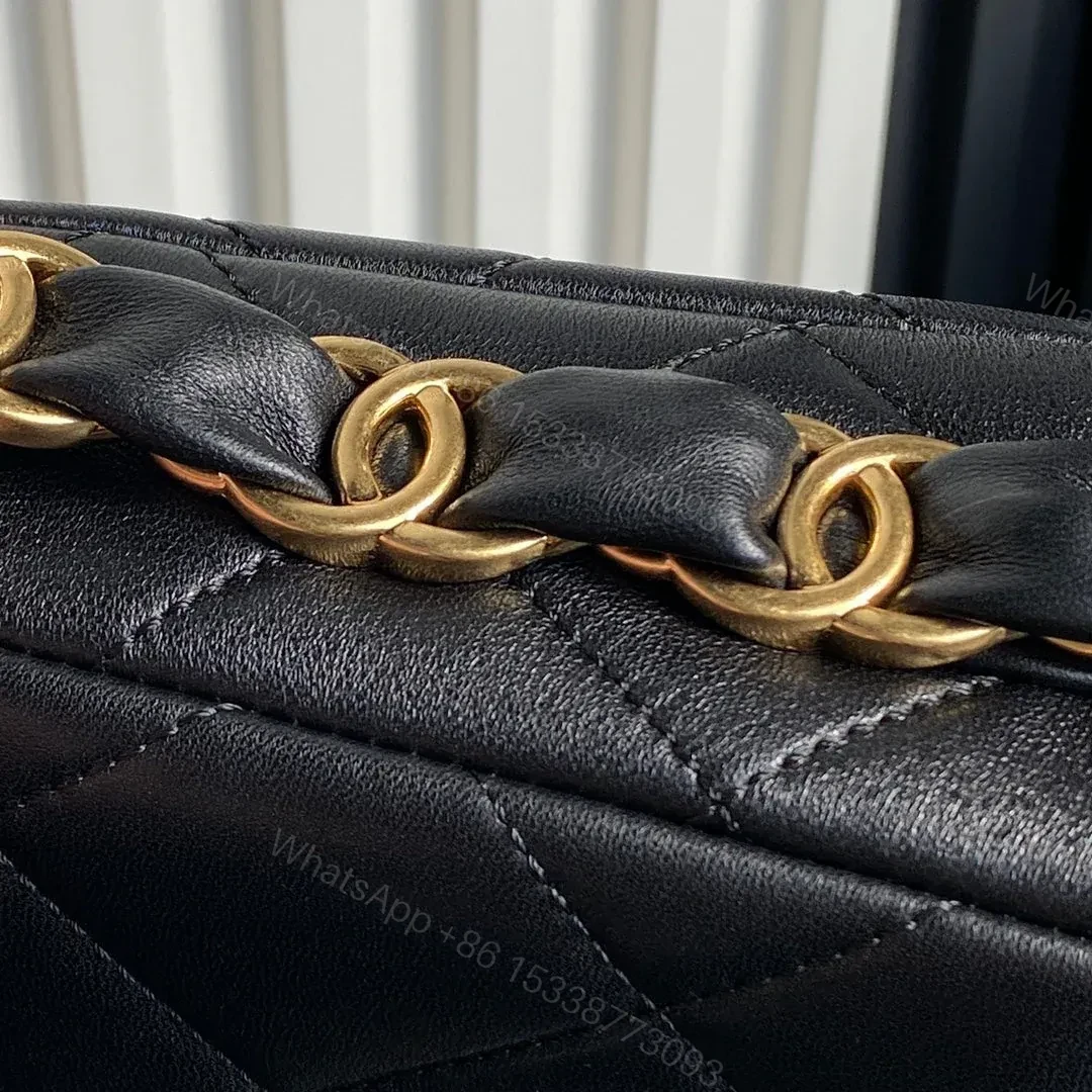 View 5 of CHANEL MEDIUM FLAP BAG 26 IN BLACK CALFSKIN GOLD DOUBLE C THICK CHAIN