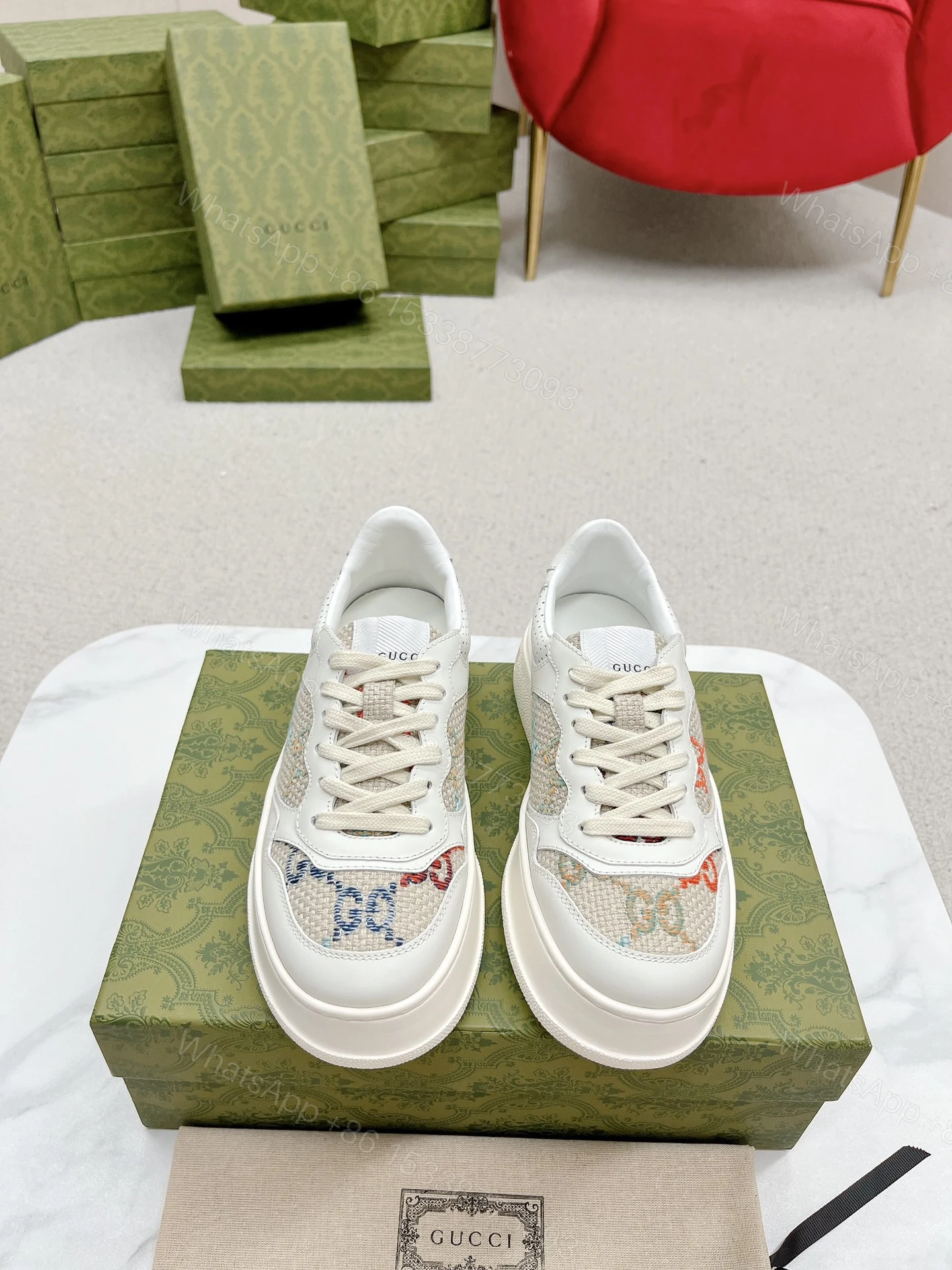 GUCCI 高仿 男款 米白彩色GG刺繡厚底運動鞋 潮流百搭款 — view 1