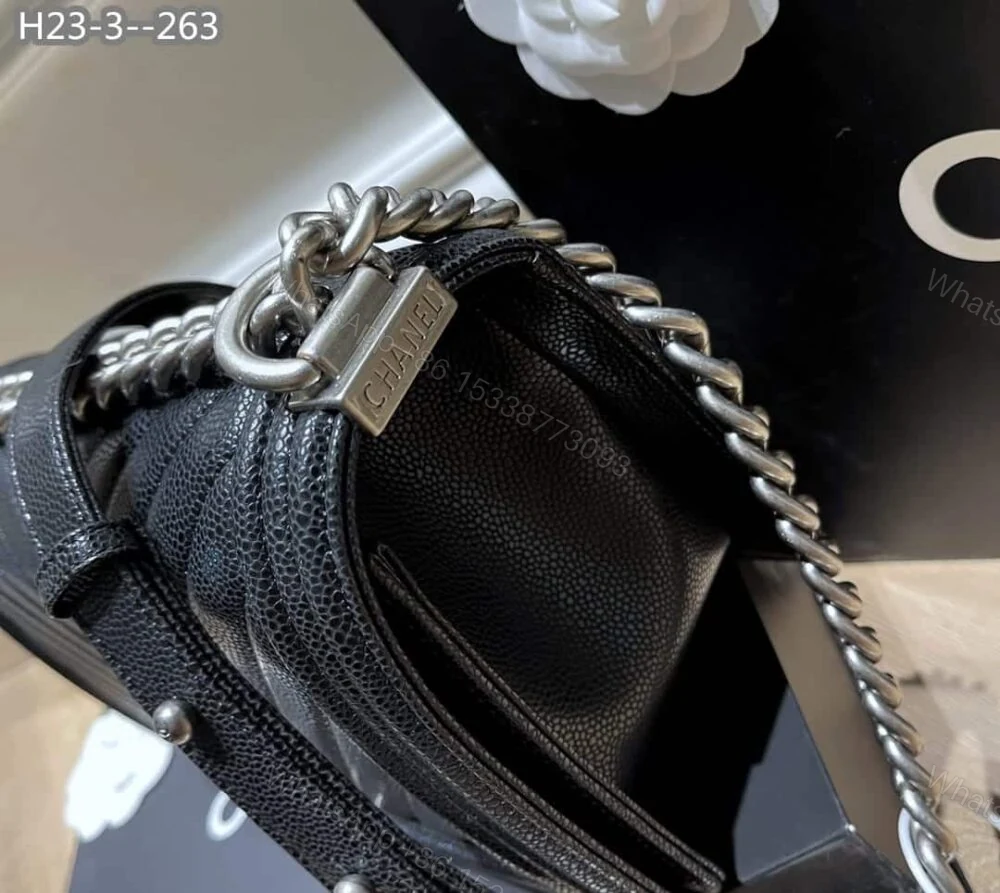 View 5 of Chanel Boy Caviar Chevron Quilted Flap Bag Black 25Cm