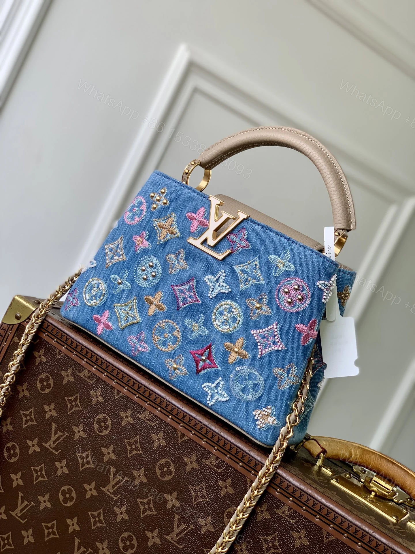 LV 原單 牛仔刺繡手提包 彩色老花鏈條迷你包 — view 1