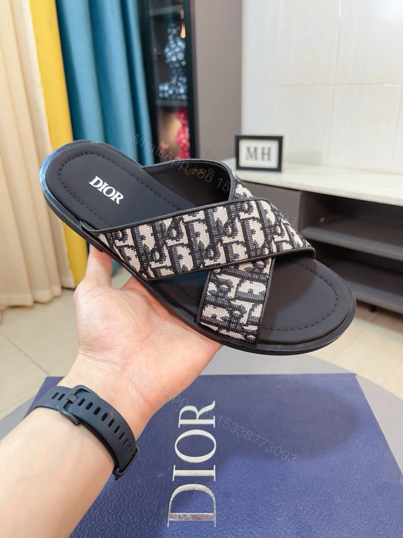Dior 高仿男士涼拖 Oblique交叉設計黑灰印花百搭休閒拖 — view 1