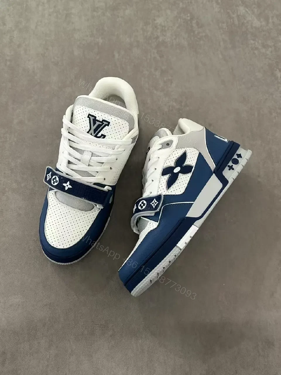View 7 of White & Navy Perforated Leather Lace Sneakers - All-Day Comfort
