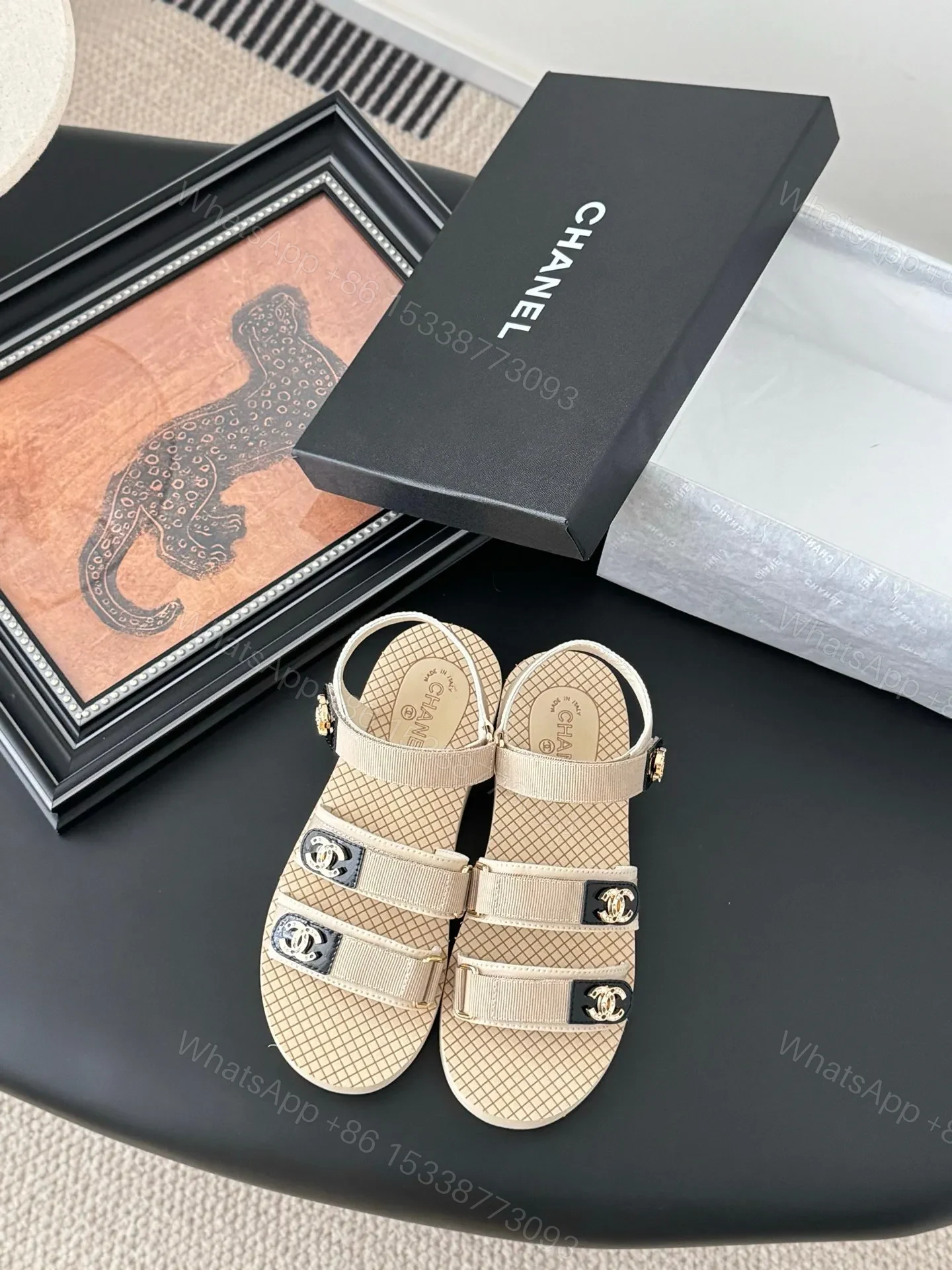 Chanel Women Beige Fabric Logo Strap Sandals — view 1