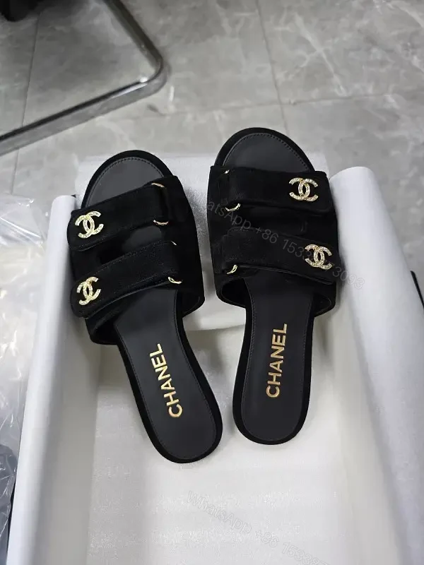 Black Velvet Satin Chanel Slides — view 1
