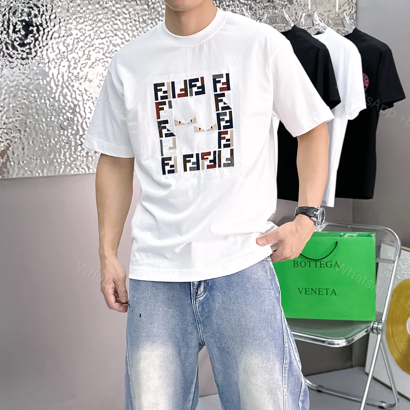 FENDI原單怪獸眼睛刺繡短袖T恤男士潮牌上衣白色款 — view 1