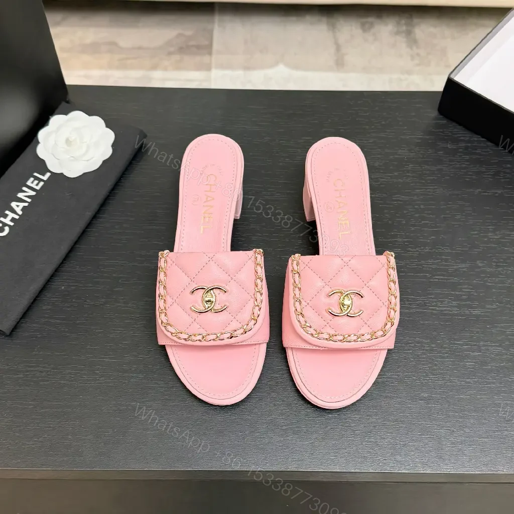 View 7 of Pink Quilted Slides with Chain Detail - Open-Toe Mid-Heel Sandals