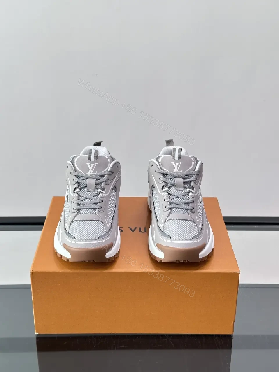 View 6 of Gray Mesh Leather Chunky Sneaker LV-inspired X Logo Shoes