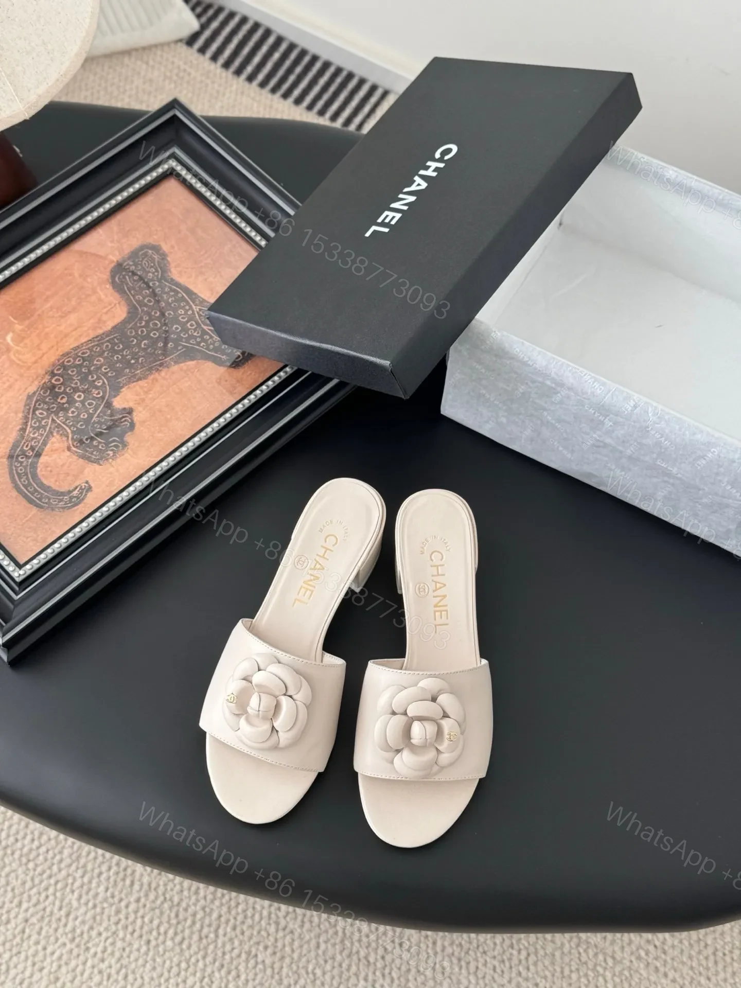 Chanel Women Beige Leather Flower Detail Mules — view 1