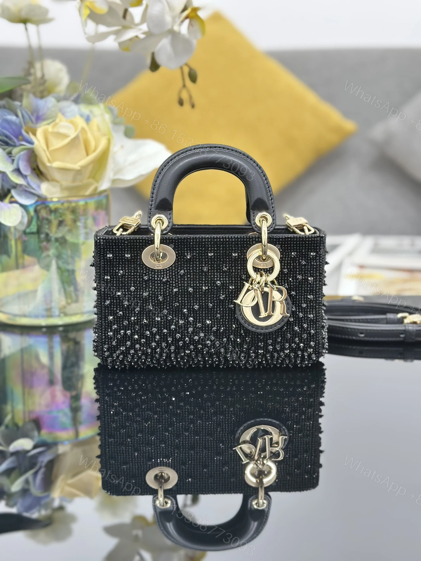 高仿Dior Lady Dior黑色水鑽肩背包 精品晚宴迷你包 — view 1