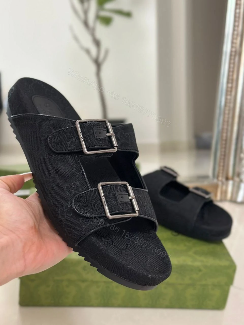 Gucci Beige GG Canvas And Leather Sandals — view 1