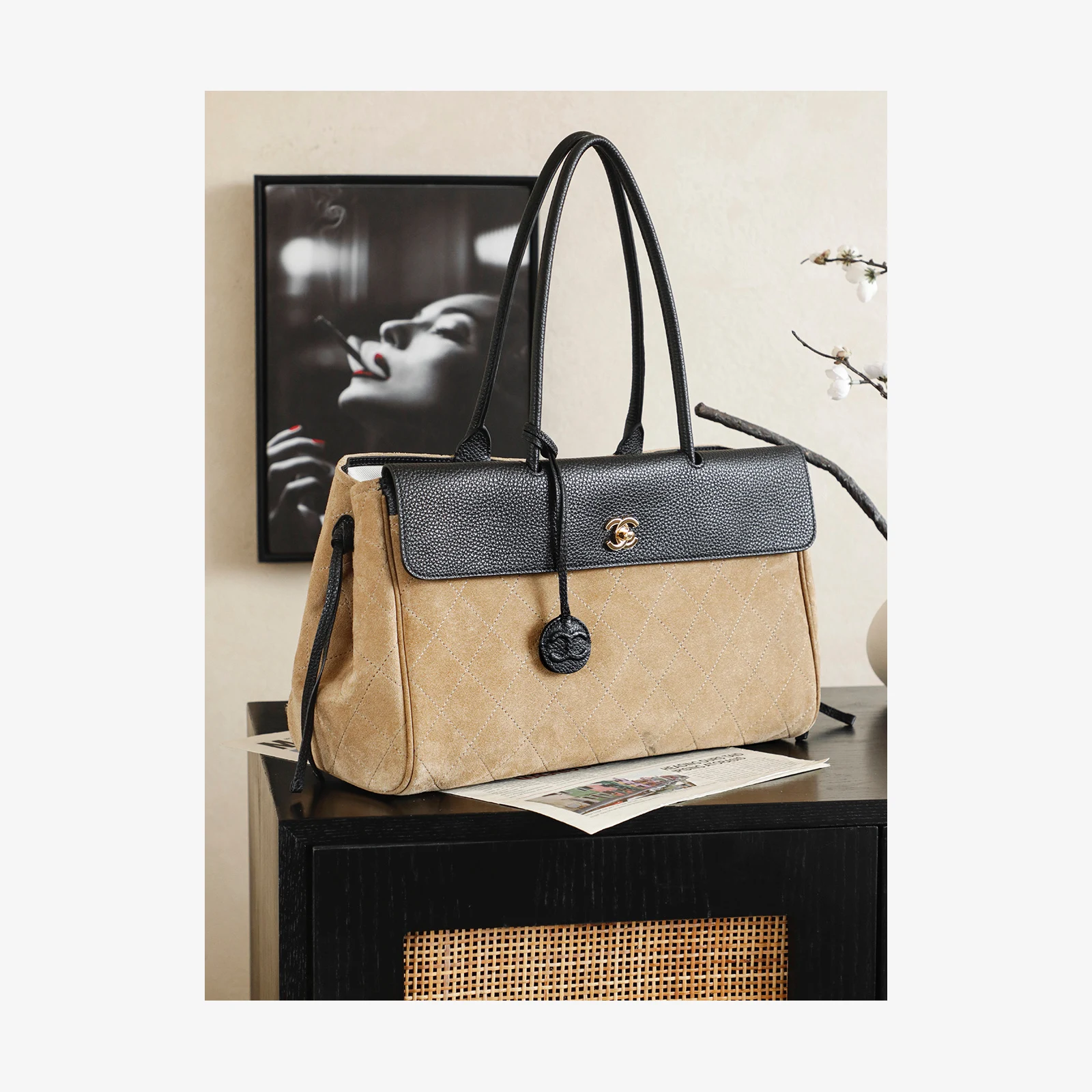 Chanel Shopping Bag AS6428 · Dark Beige & Black Suede Dark Beige & Black · Suede Calfskin & Grained Calfskin · Gold-Tone Metal