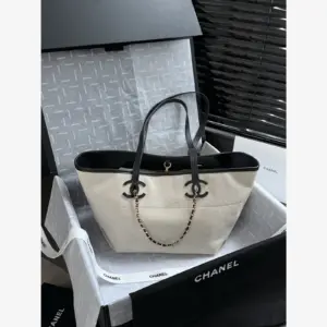 Chanel Small Shopping Bag AS6285 · Canvas & Calfskin Ecru & Black · Canvas & Calfskin
