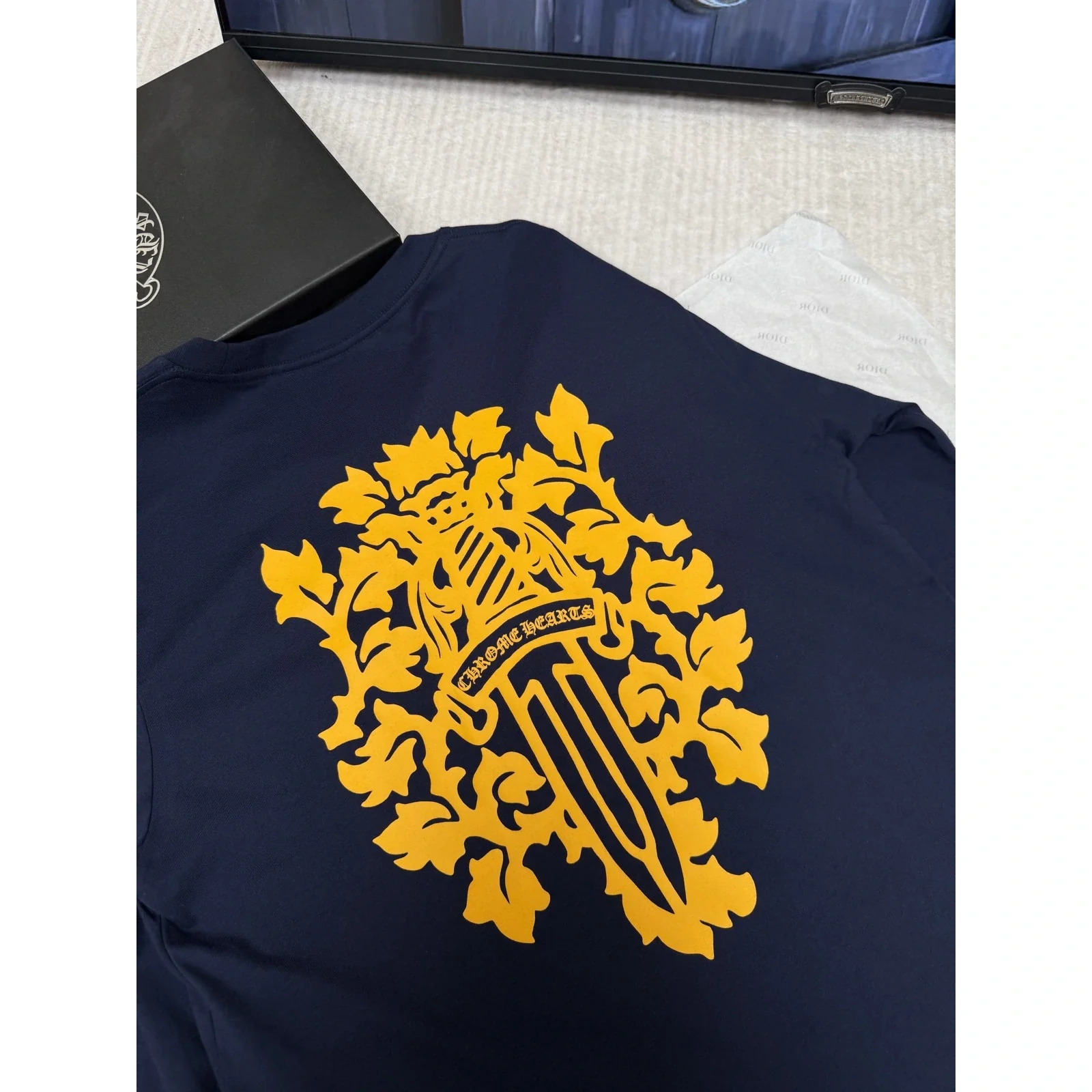 Chrome Hearts Vine Dagger Long Sleeve Tee Navy / Gold