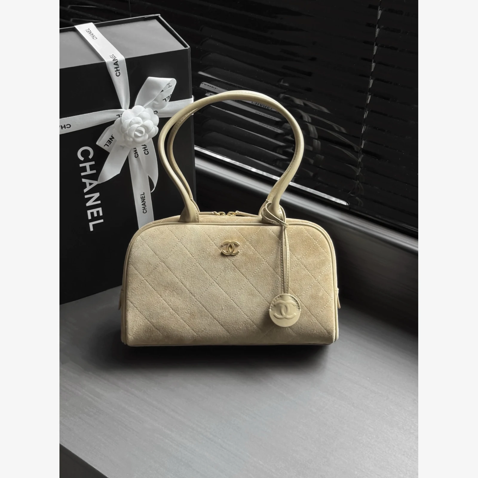 Chanel Large Bowling Bag AS6580 · Suede Calfskin Dark Beige · Suede Calfskin · Gold-Tone Metal