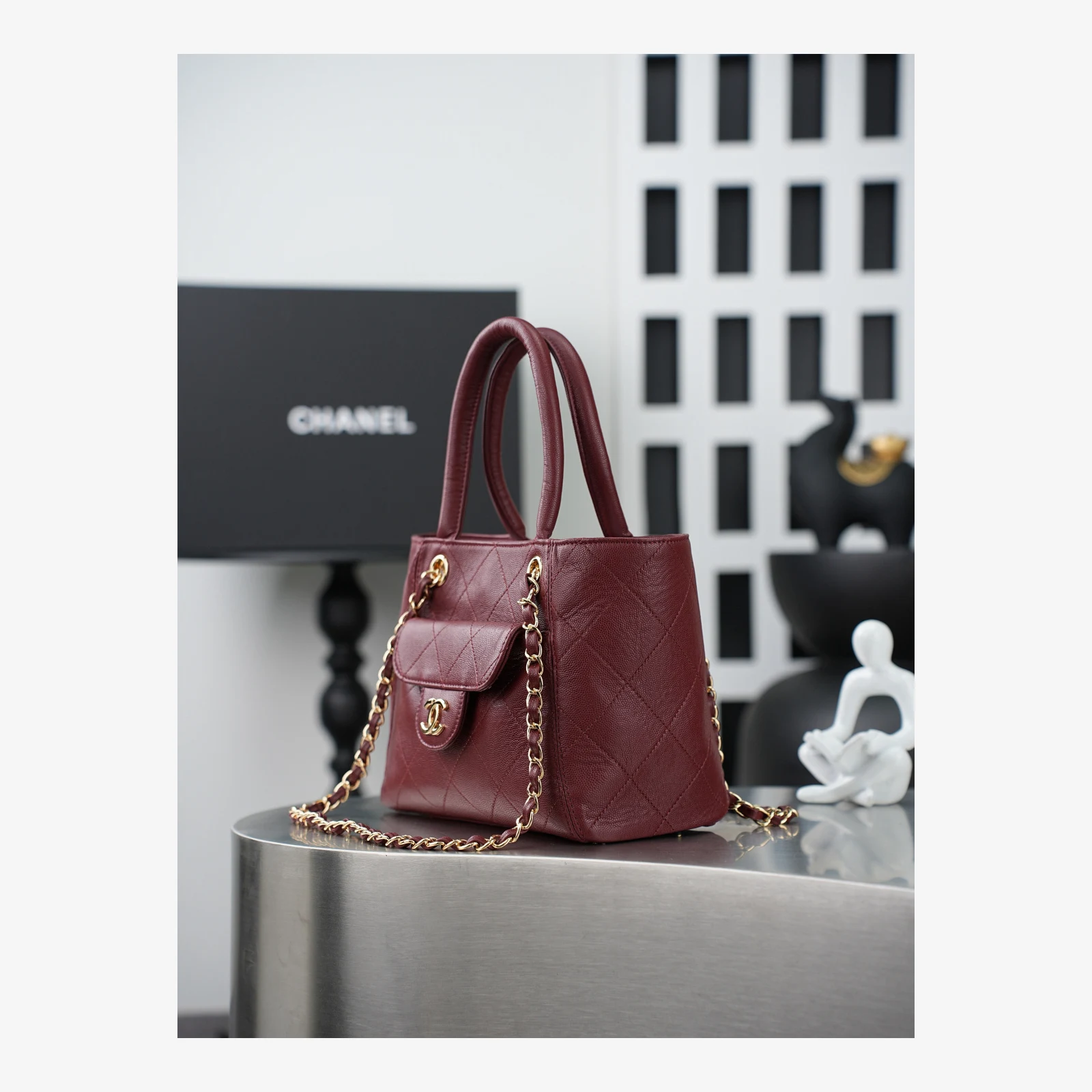 Chanel Small Shopping Bag AS6025 · Dark Burgundy Dark Burgundy · Grained Calfskin · Gold-Tone Metal