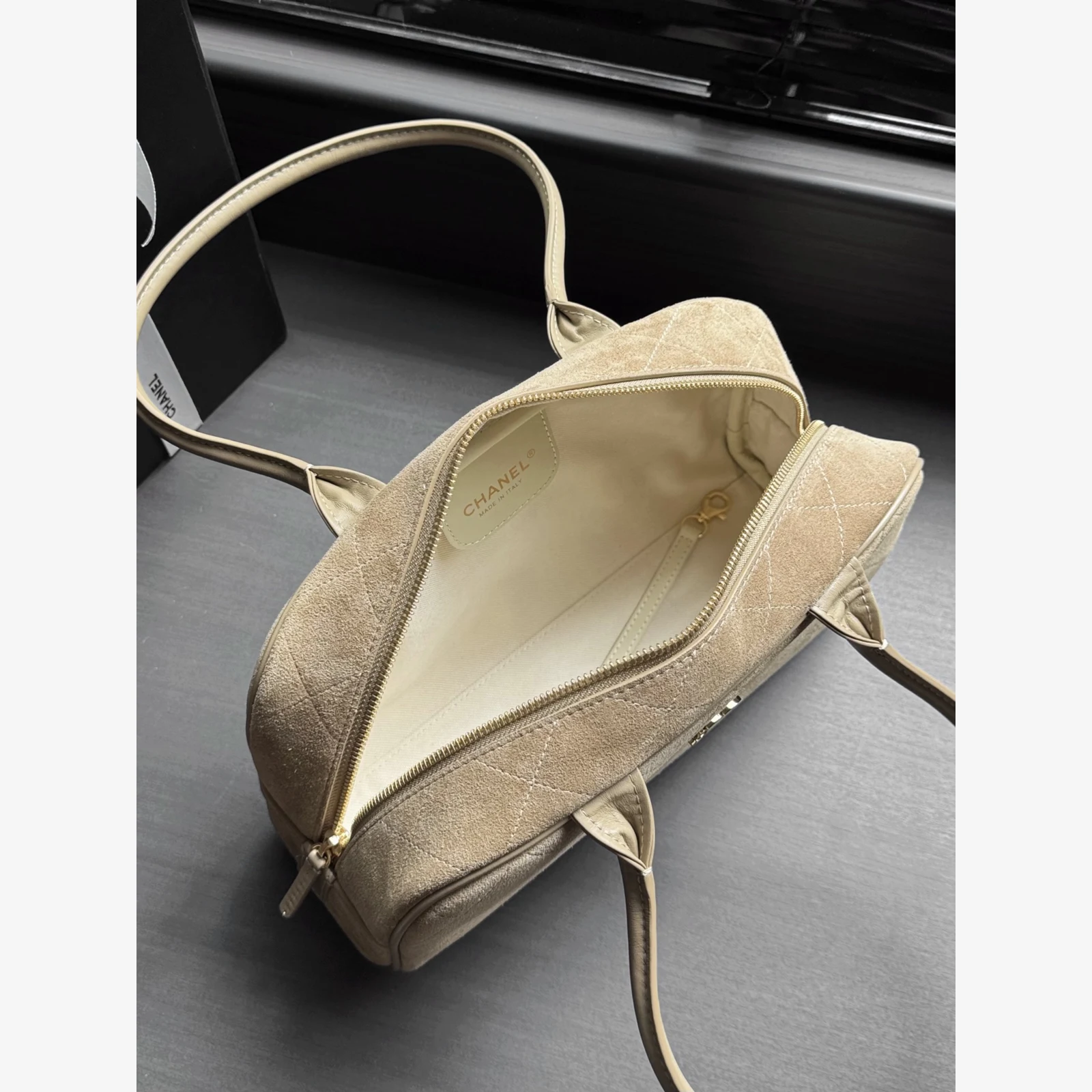 Chanel Large Bowling Bag AS6580 · Suede Calfskin Dark Beige · Suede Calfskin · Gold-Tone Metal