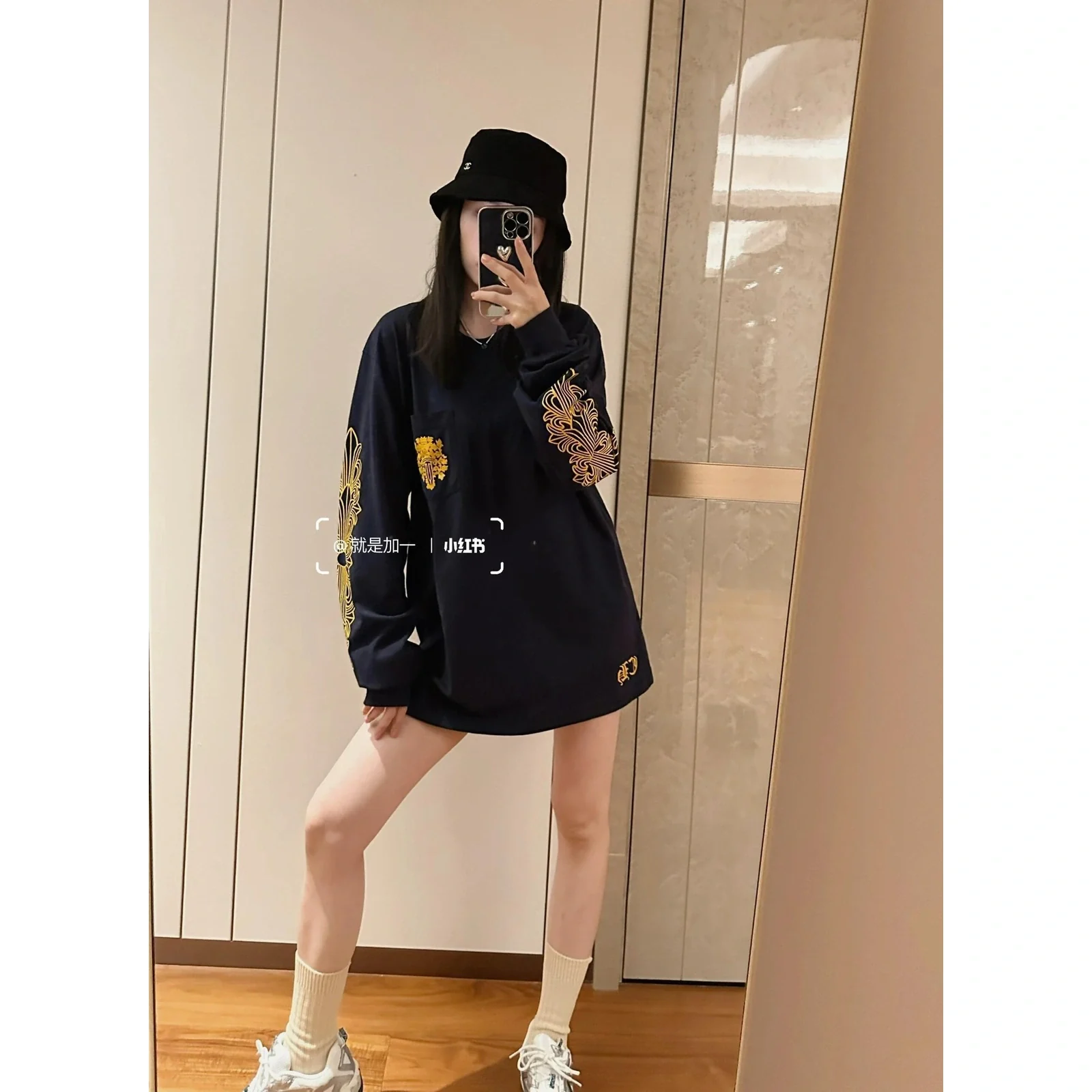 Chrome Hearts Vine Dagger Long Sleeve Tee Navy / Gold