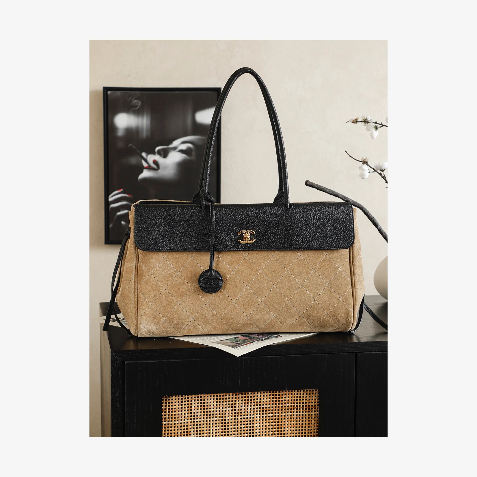 Chanel Shopping Bag AS6428 · Dark Beige & Black Suede Dark Beige & Black · Suede Calfskin & Grained Calfskin · Gold-Tone Metal