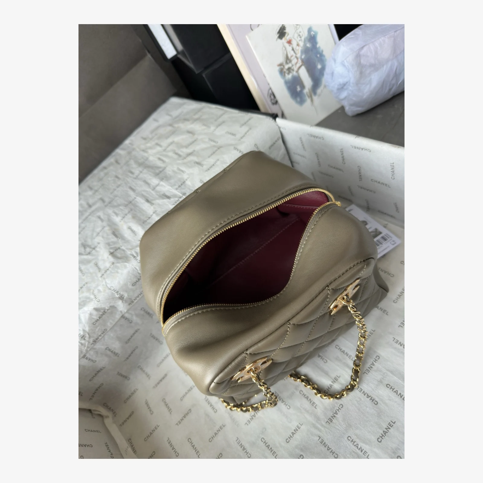 Chanel Small Bowling Bag AS6472 · Dark Khaki Lambskin Dark Khaki · Lambskin · Gold-Tone Metal