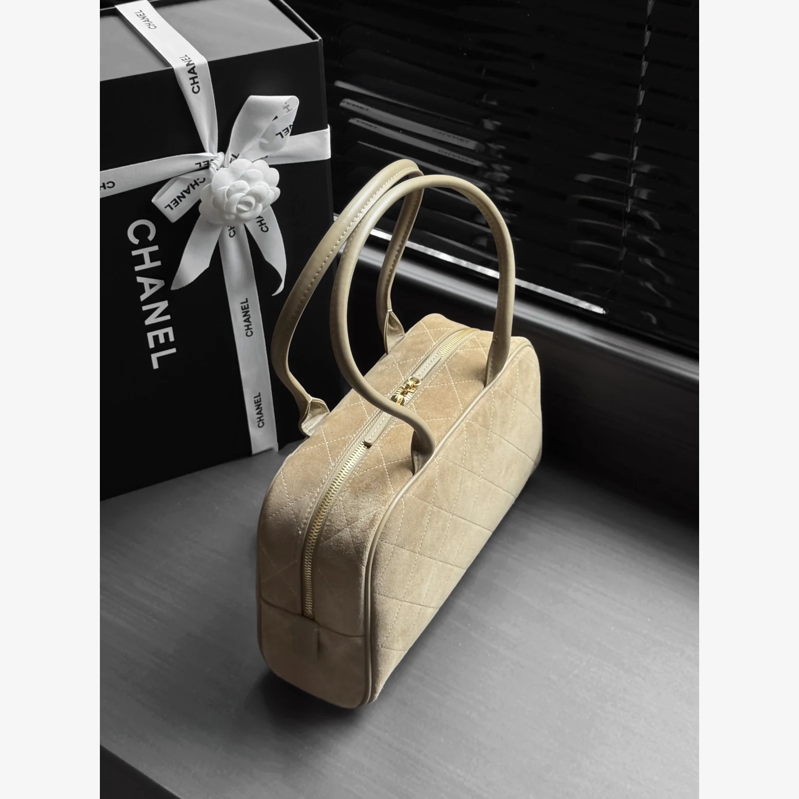 Chanel Large Bowling Bag AS6580 · Suede Calfskin Dark Beige · Suede Calfskin · Gold-Tone Metal