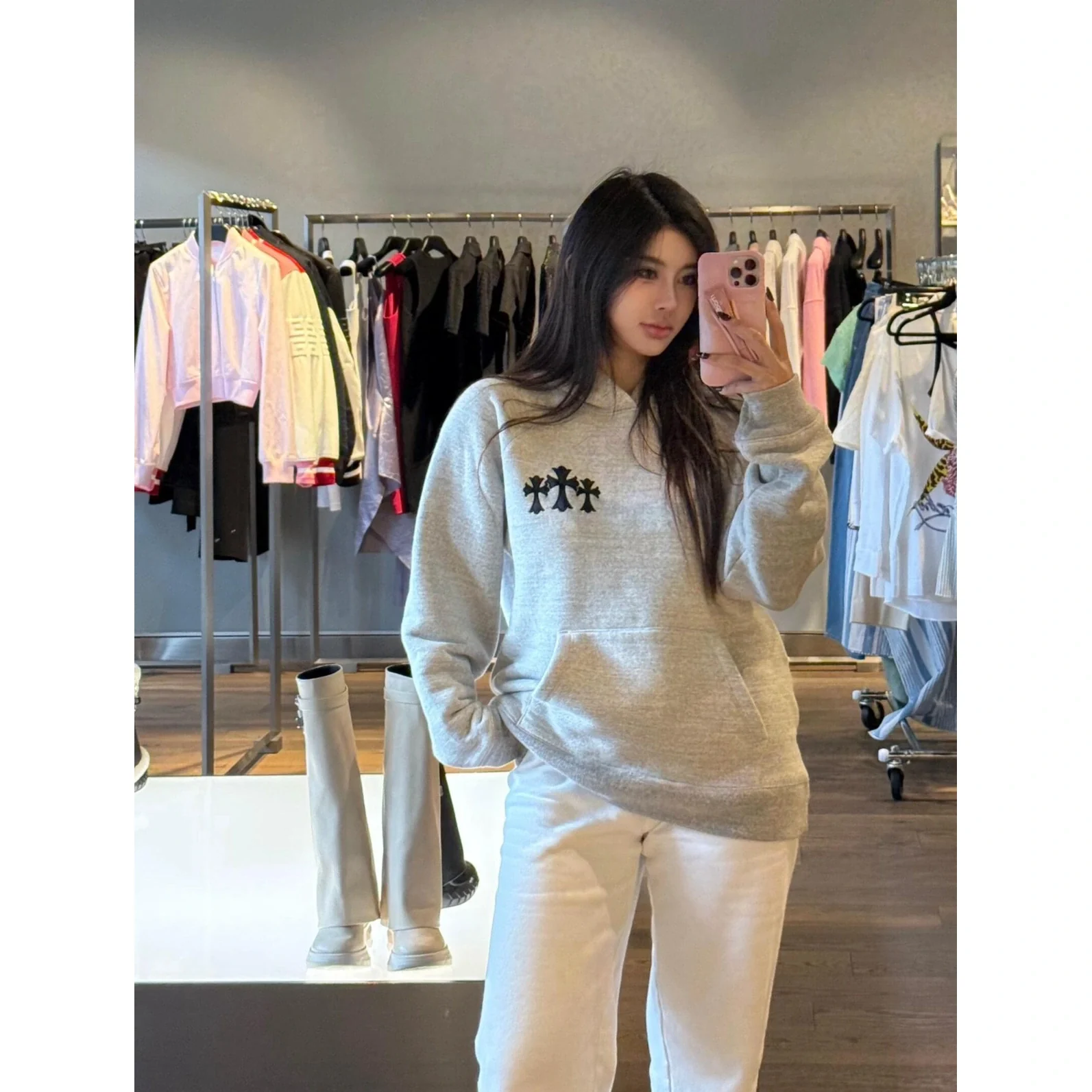 Chrome Hearts Triple Cross Pullover Hoodie Heather Grey