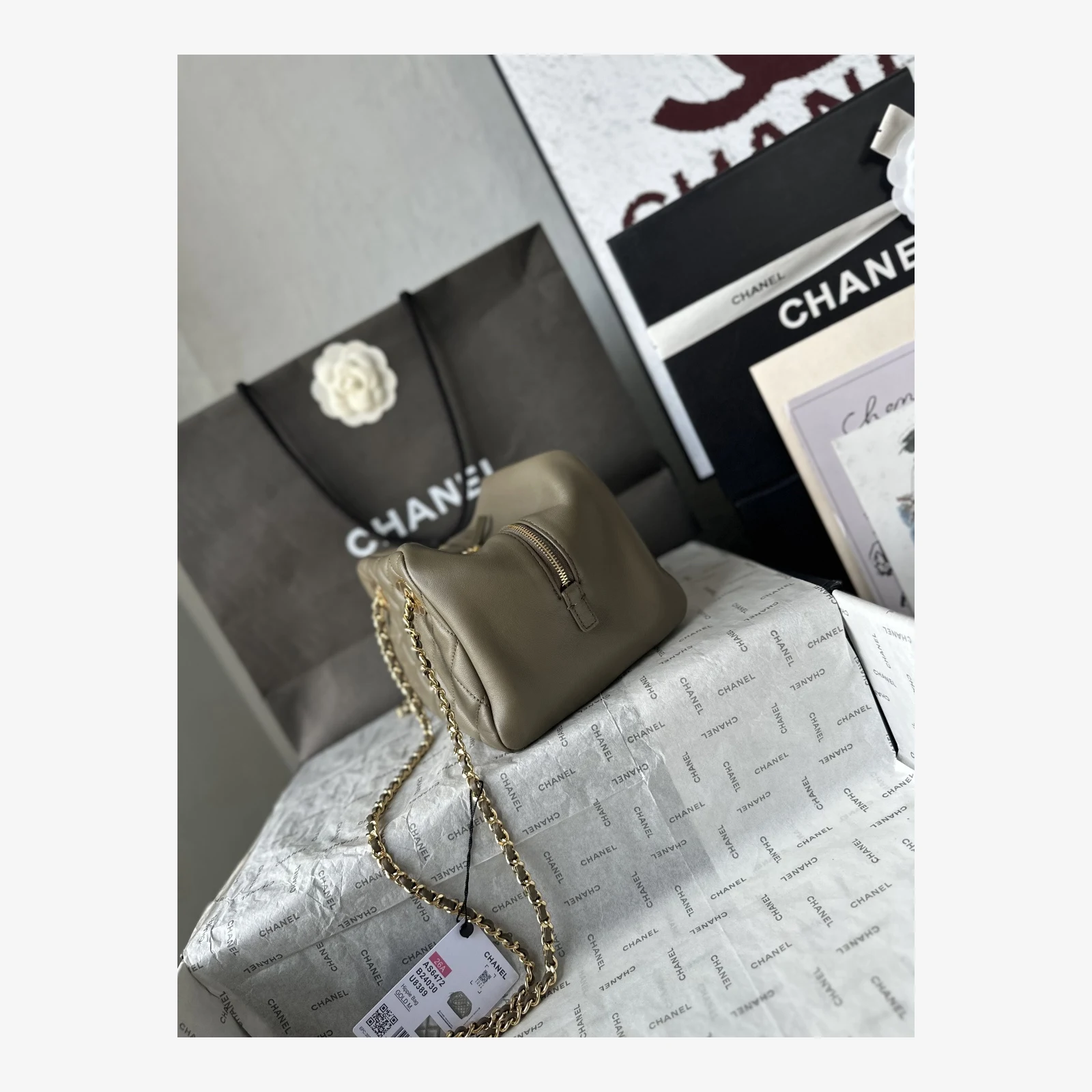 Chanel Small Bowling Bag AS6472 · Dark Khaki Lambskin Dark Khaki · Lambskin · Gold-Tone Metal