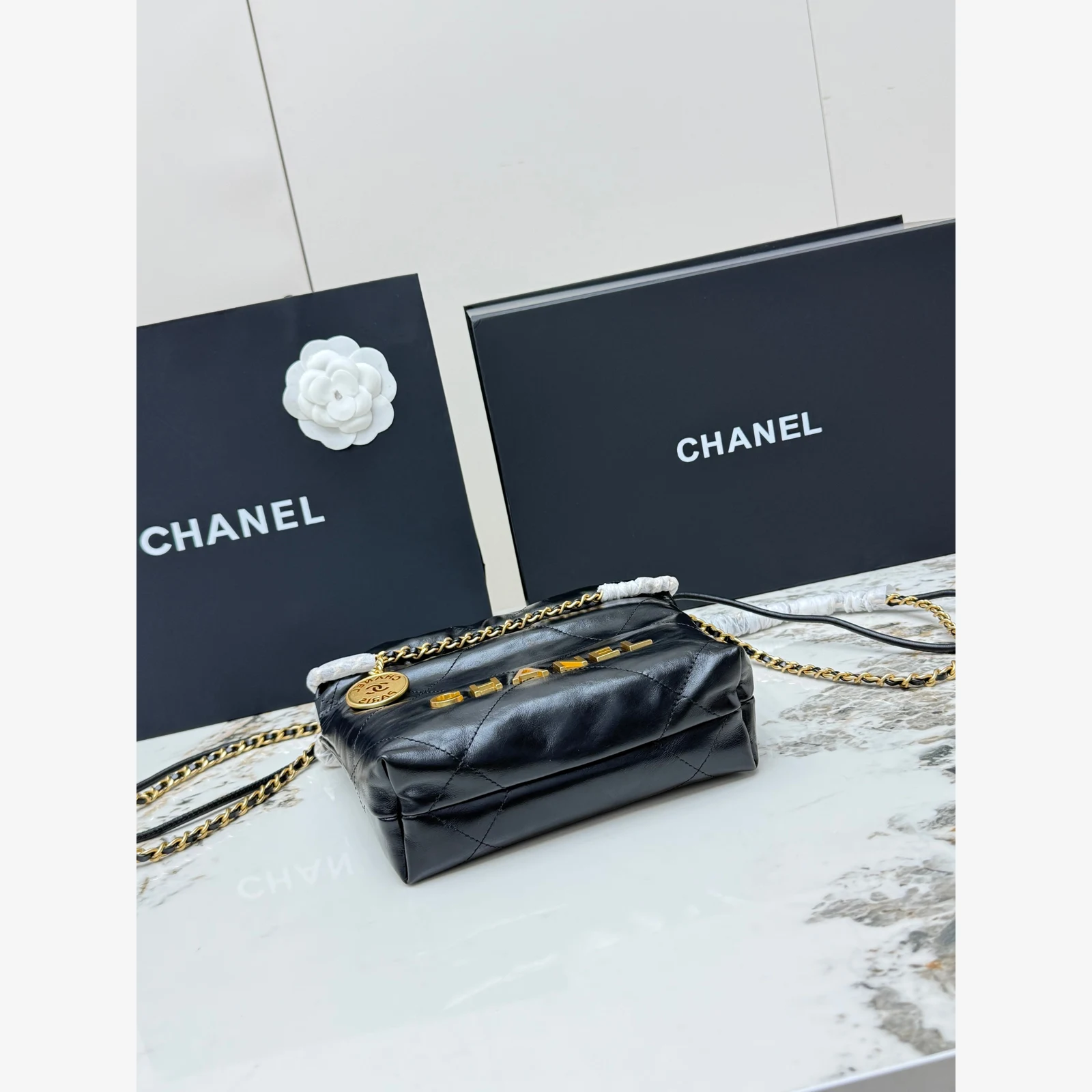 Chanel 22 Mini Handbag · Black Shiny Calfskin Black · Shiny Calfskin · Gold-Tone Metal