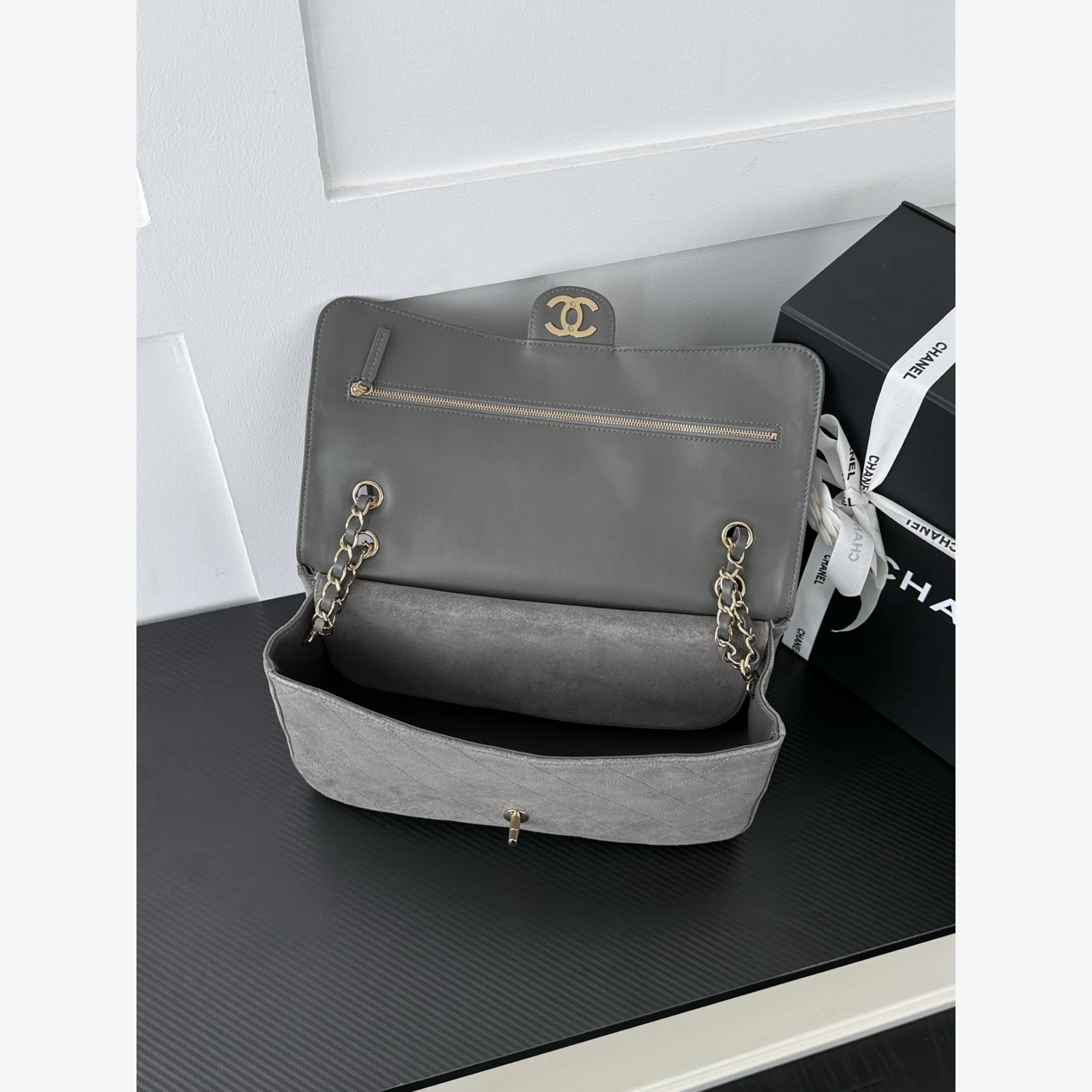 Chanel Maxi Flap Bag AS6627 · Suede Calfskin Dark Grey · Suede Calfskin · Gold-Tone Metal