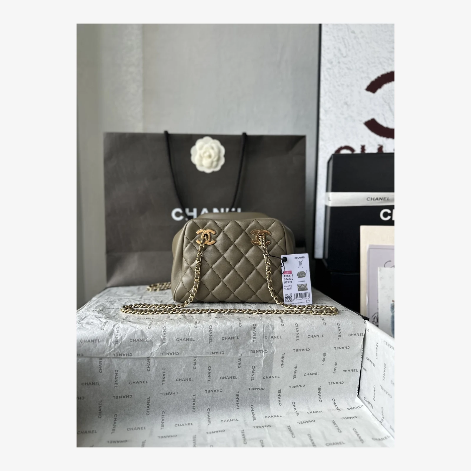 Chanel Small Bowling Bag AS6472 · Dark Khaki Lambskin Dark Khaki · Lambskin · Gold-Tone Metal