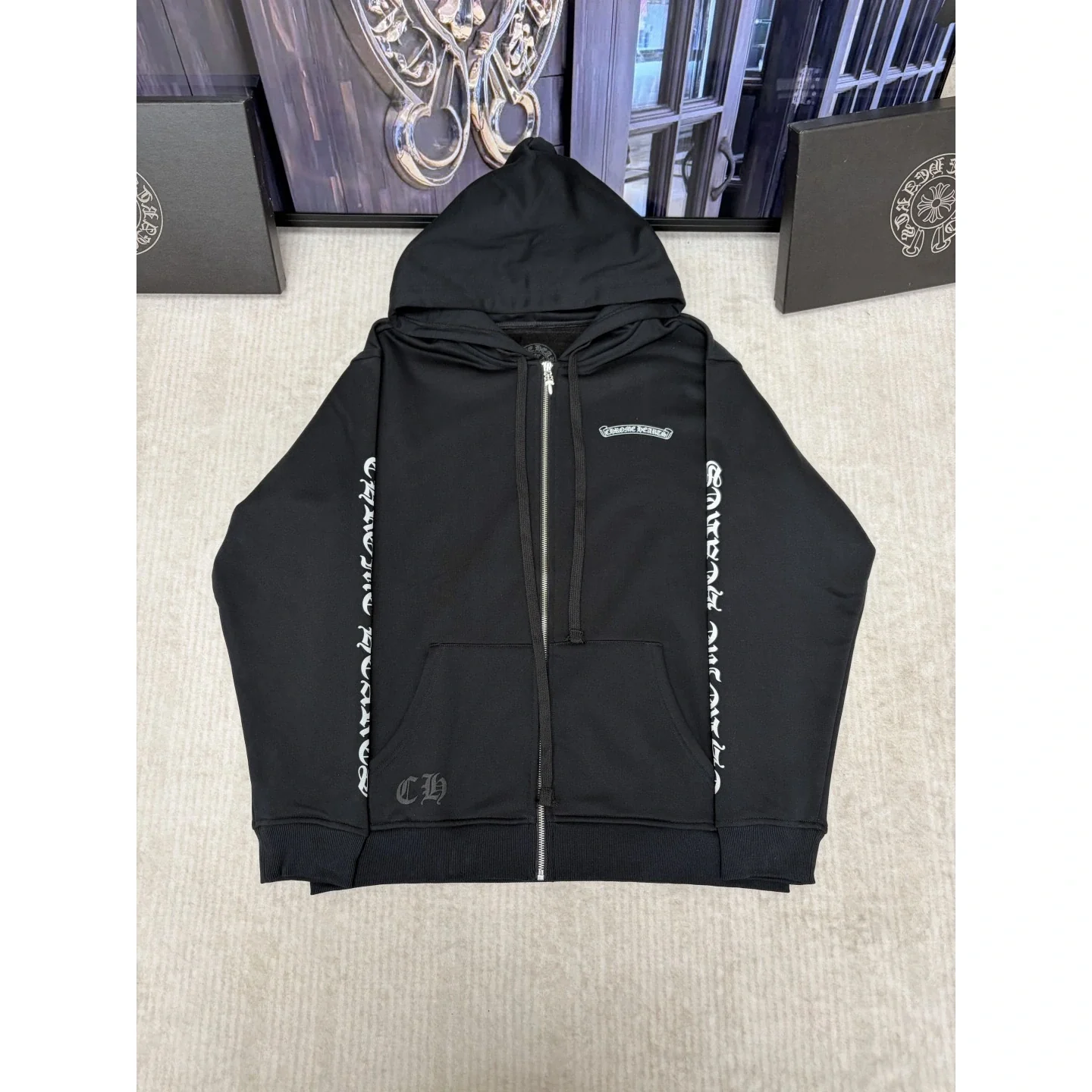 Chrome Hearts Scroll Logo Zip Up Hoodie Black