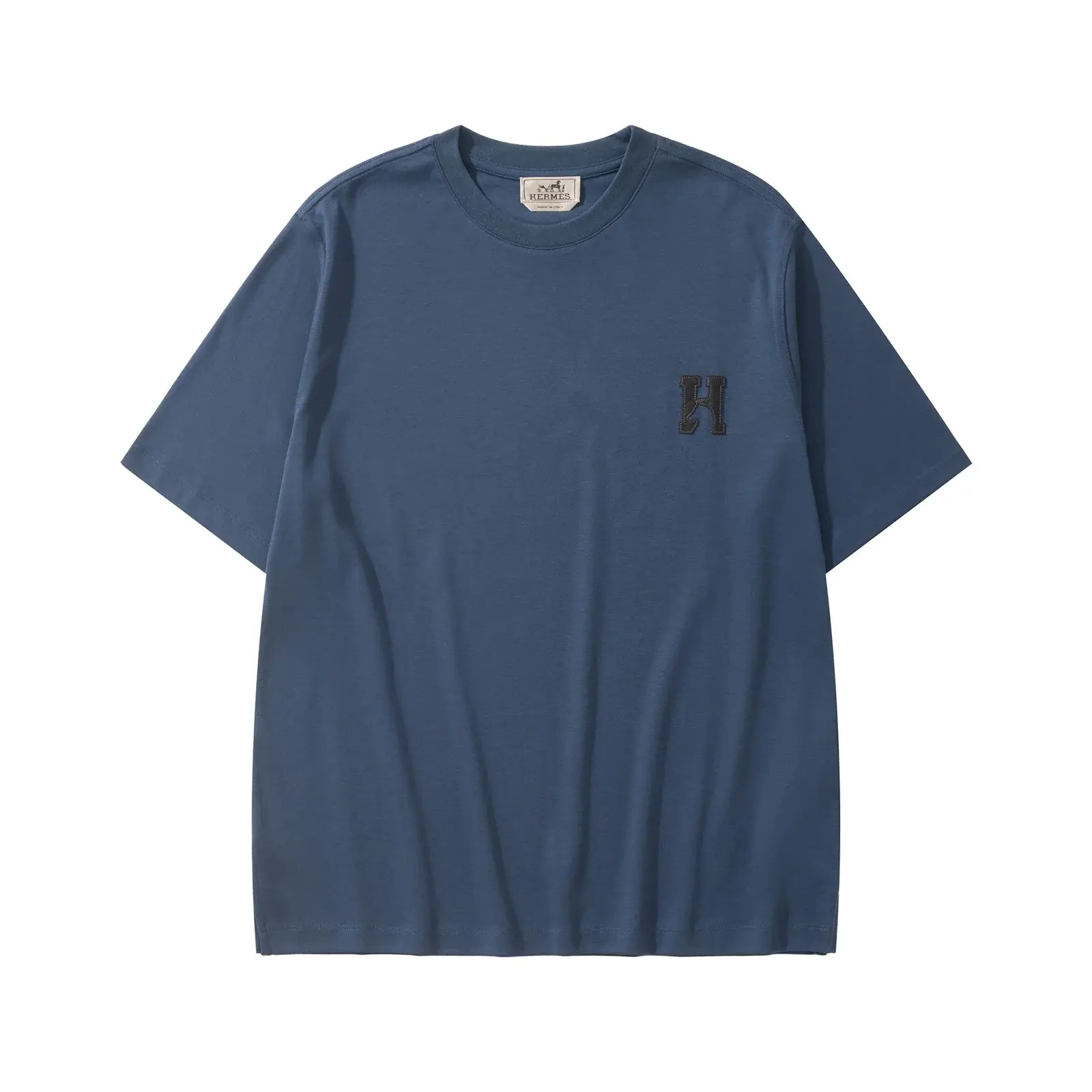 Hermès H'Cheval T-Shirt with Leather Detail Marine full view