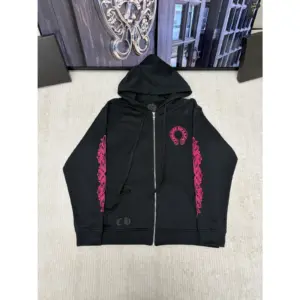 Chrome Hearts Pink Horseshoe Floral Sleeve Zip Up Hoodie Black / Pink