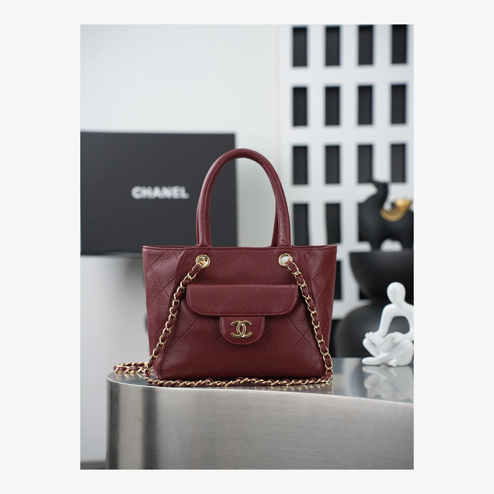 Chanel Small Shopping Bag AS6025 · Dark Burgundy Dark Burgundy · Grained Calfskin · Gold-Tone Metal