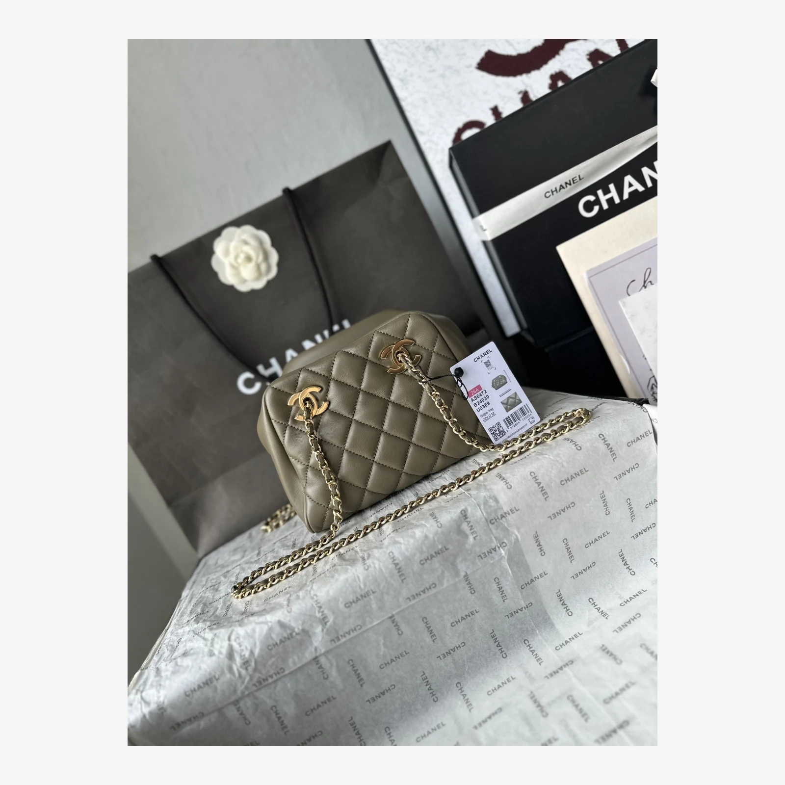 Chanel Small Bowling Bag AS6472 · Dark Khaki Lambskin Dark Khaki · Lambskin · Gold-Tone Metal