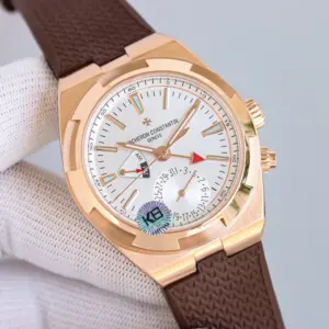 Vacheron Constantin Overseas Dual Time 7900V Watch Silver dial pink gold case brown rubber · 7900V/000R-B336