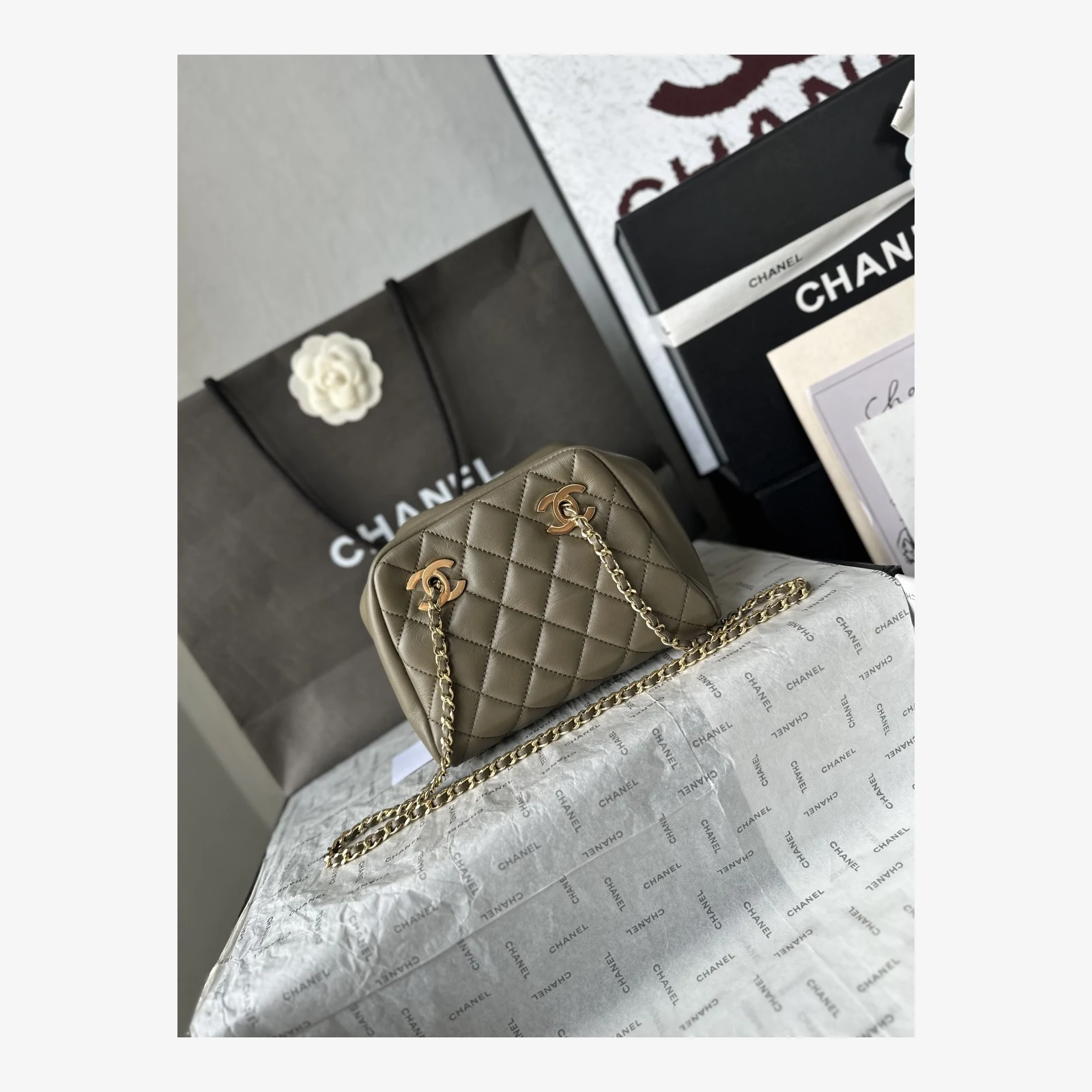 Chanel Small Bowling Bag AS6472 · Dark Khaki Lambskin Dark Khaki · Lambskin · Gold-Tone Metal