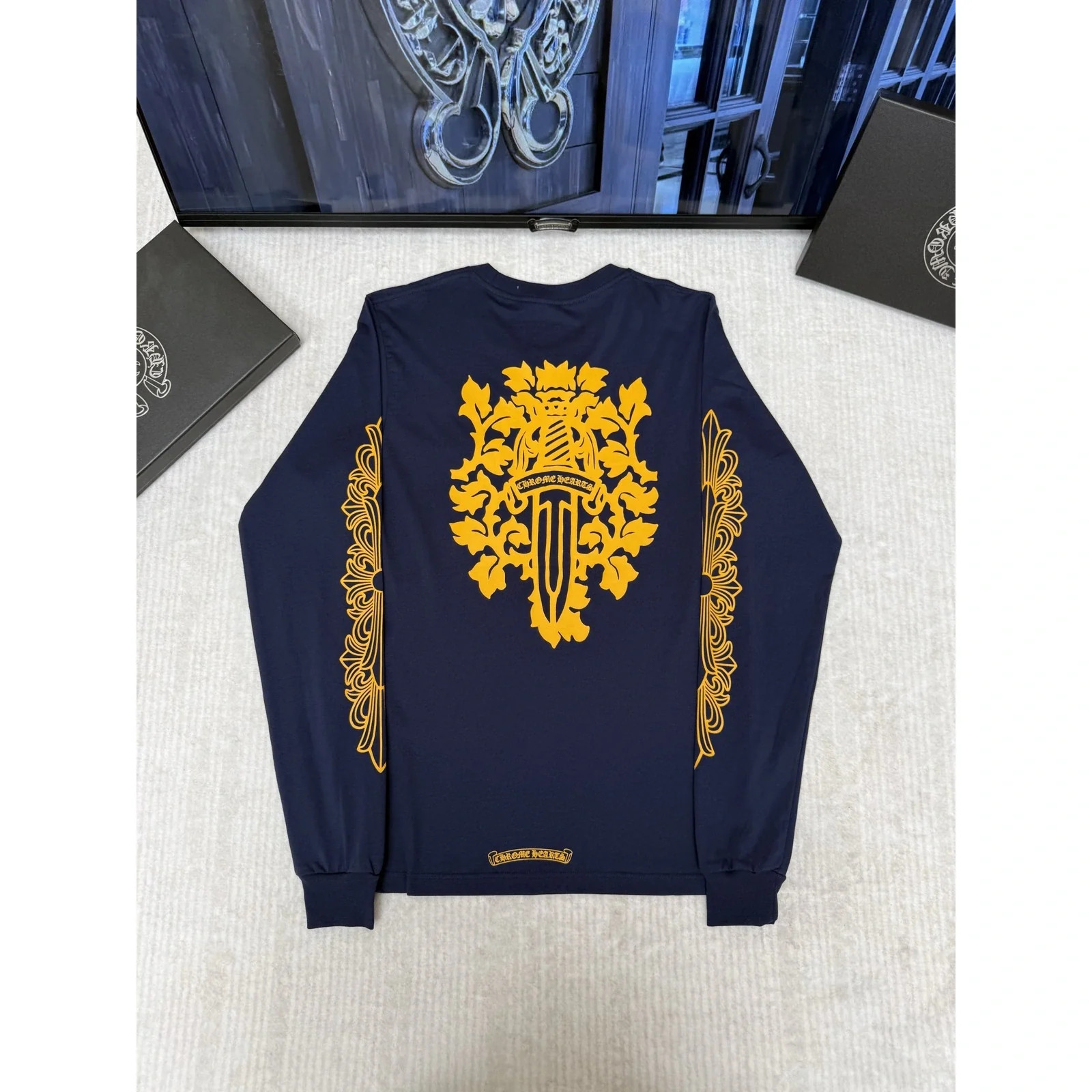 Chrome Hearts Vine Dagger Long Sleeve Tee Navy / Gold