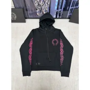 Chrome Hearts Pink Horseshoe Floral Sleeve Pullover Hoodie Black / Pink
