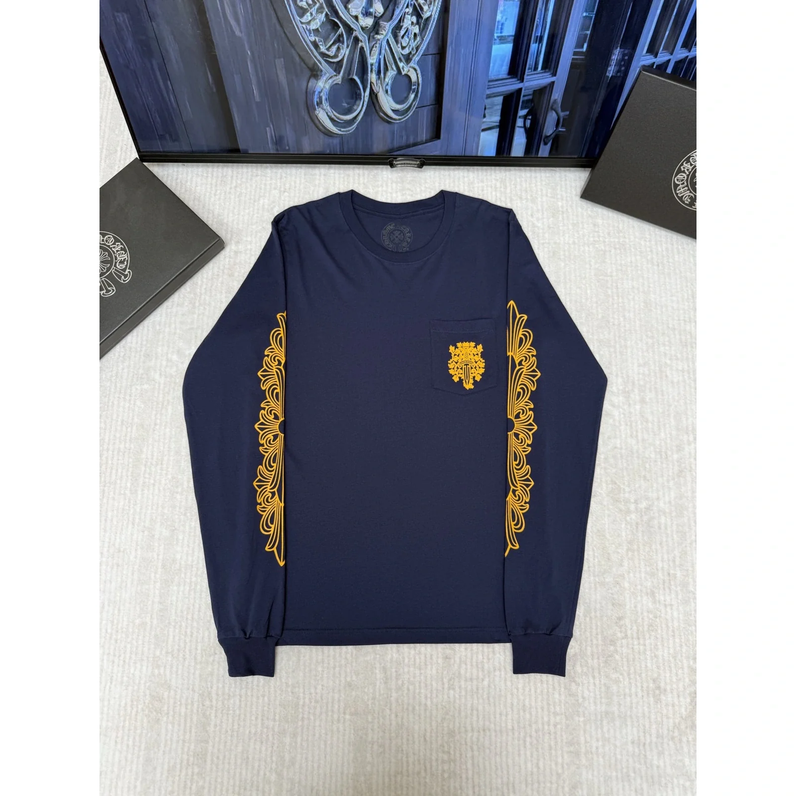 Chrome Hearts Vine Dagger Long Sleeve Tee Navy / Gold